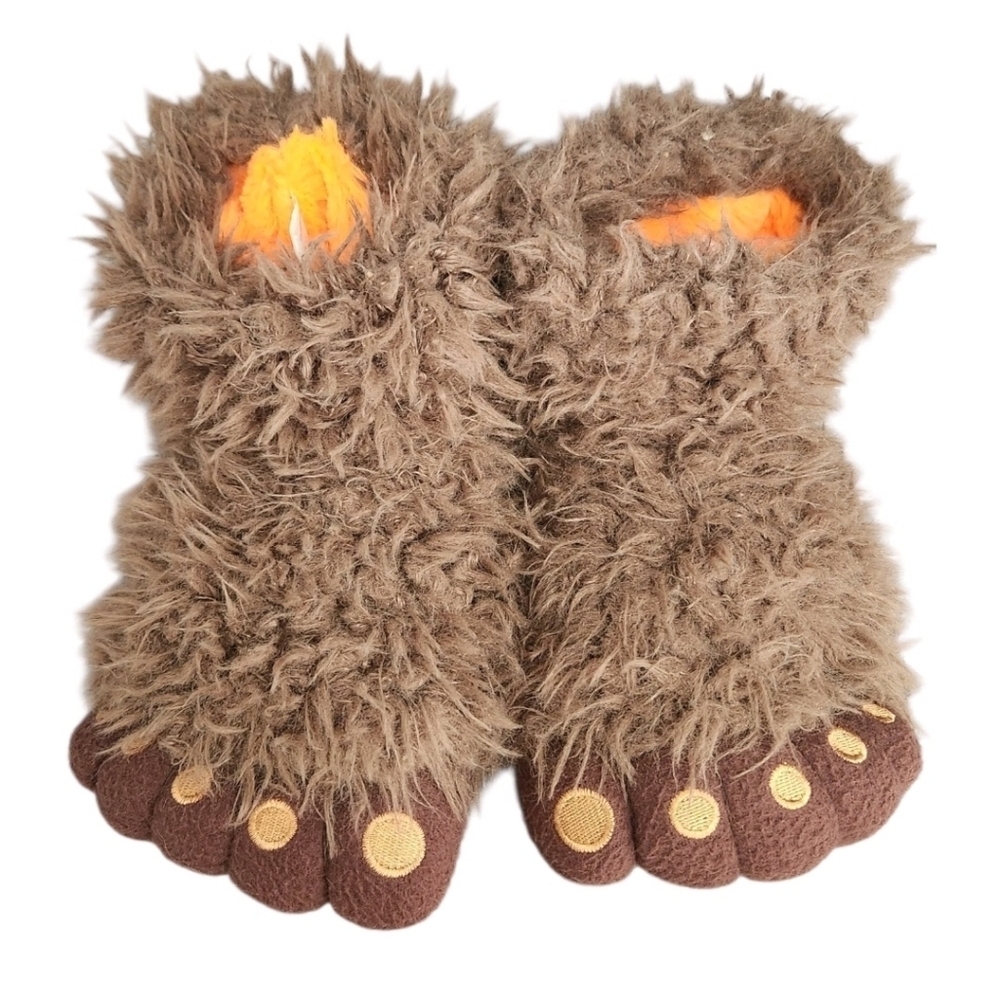 Kids Bigfoot Furry Monster Feet Brown Faux Fur Home Slippers Youth L 2-3